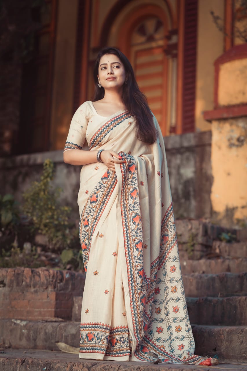 Madhubhani linen Saree