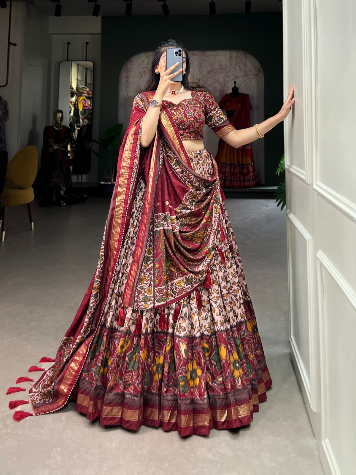 Pen Kalamkari Floral Lehenga