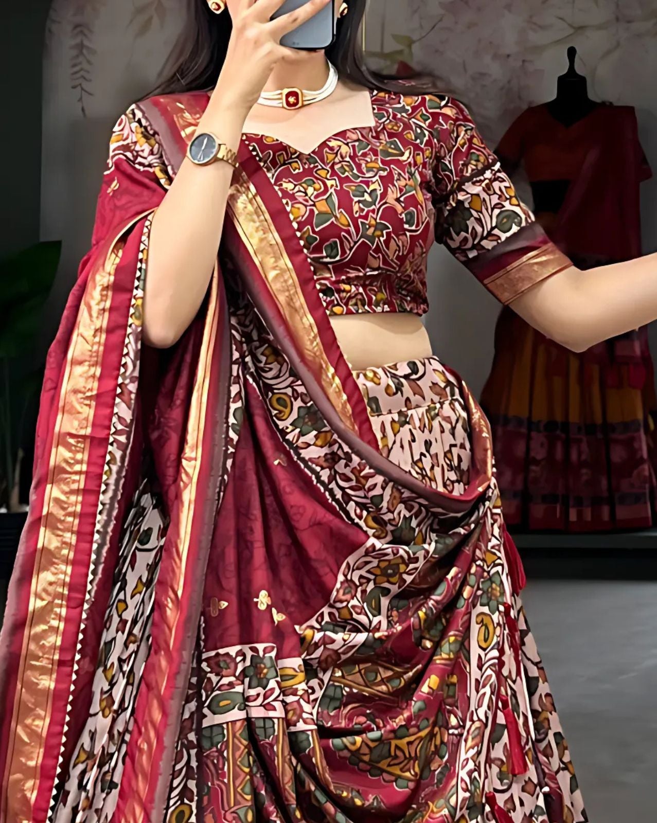 Pen Kalamkari Floral Lehenga