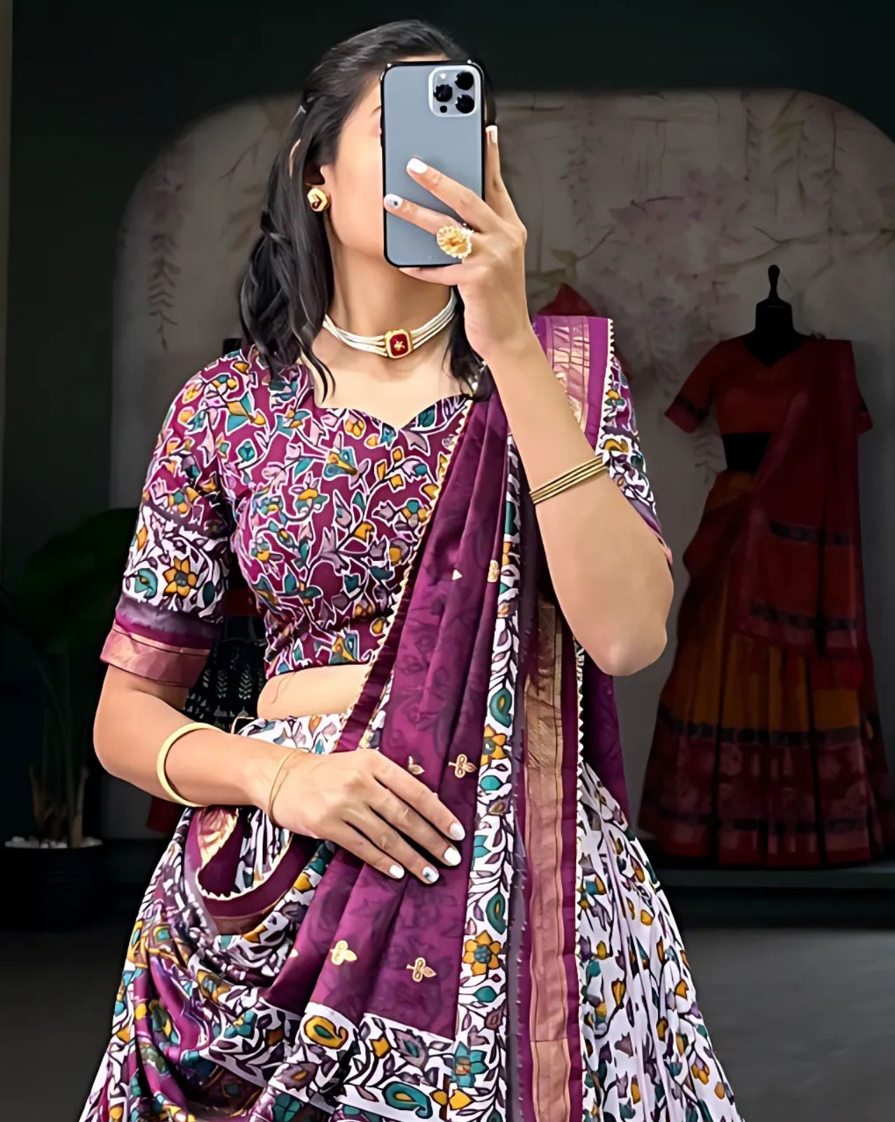 Pen Kalamkari Floral Lehenga