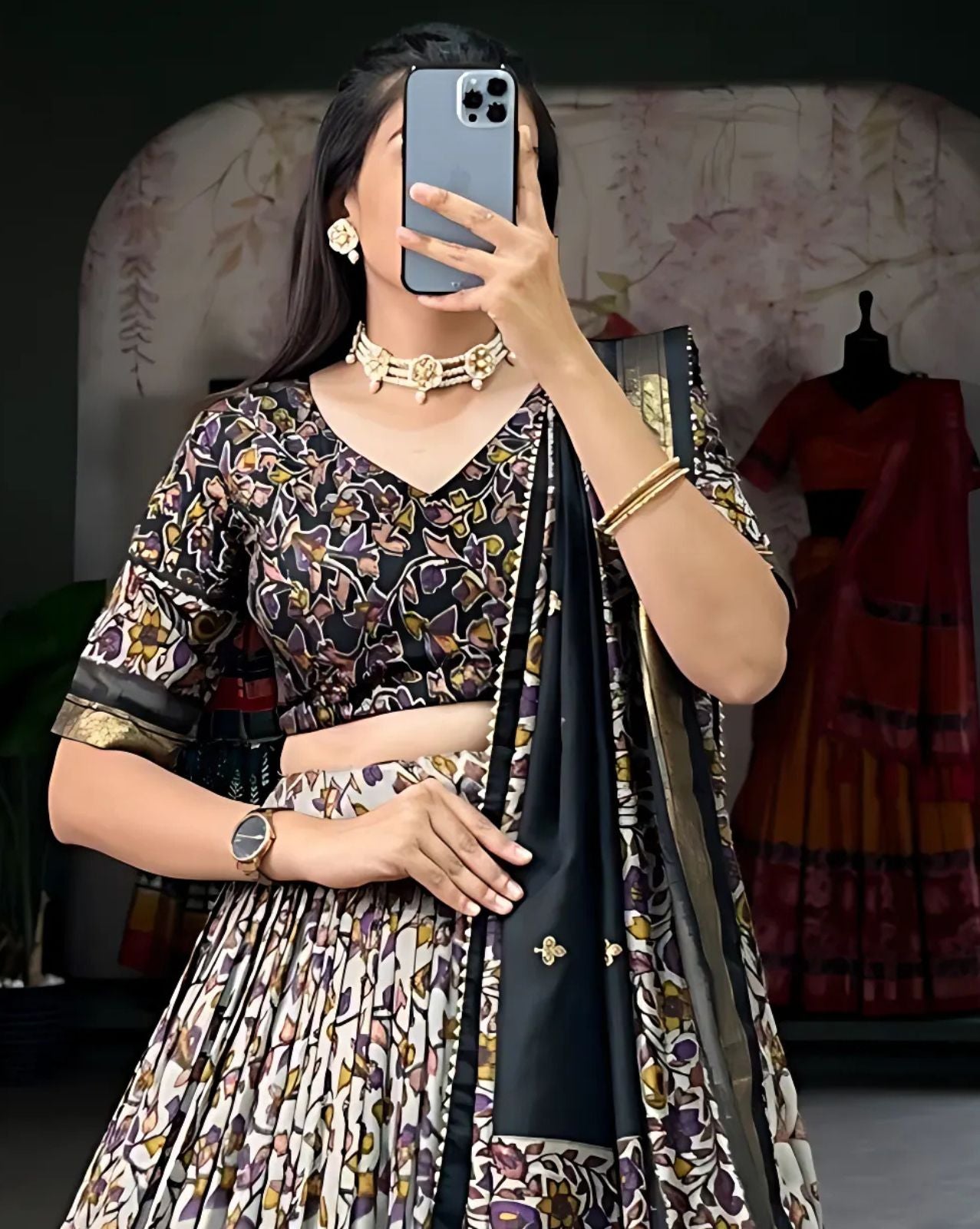 Pen Kalamkari Floral Lehenga